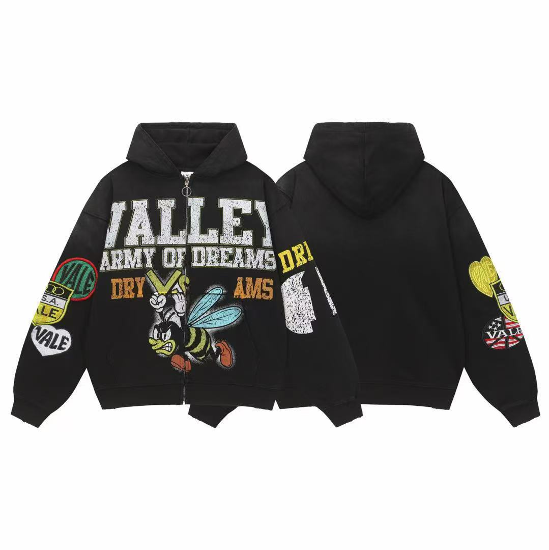 Valley Army Of Dreams Cartoon Bee Patch Zip Up Hoodie Black