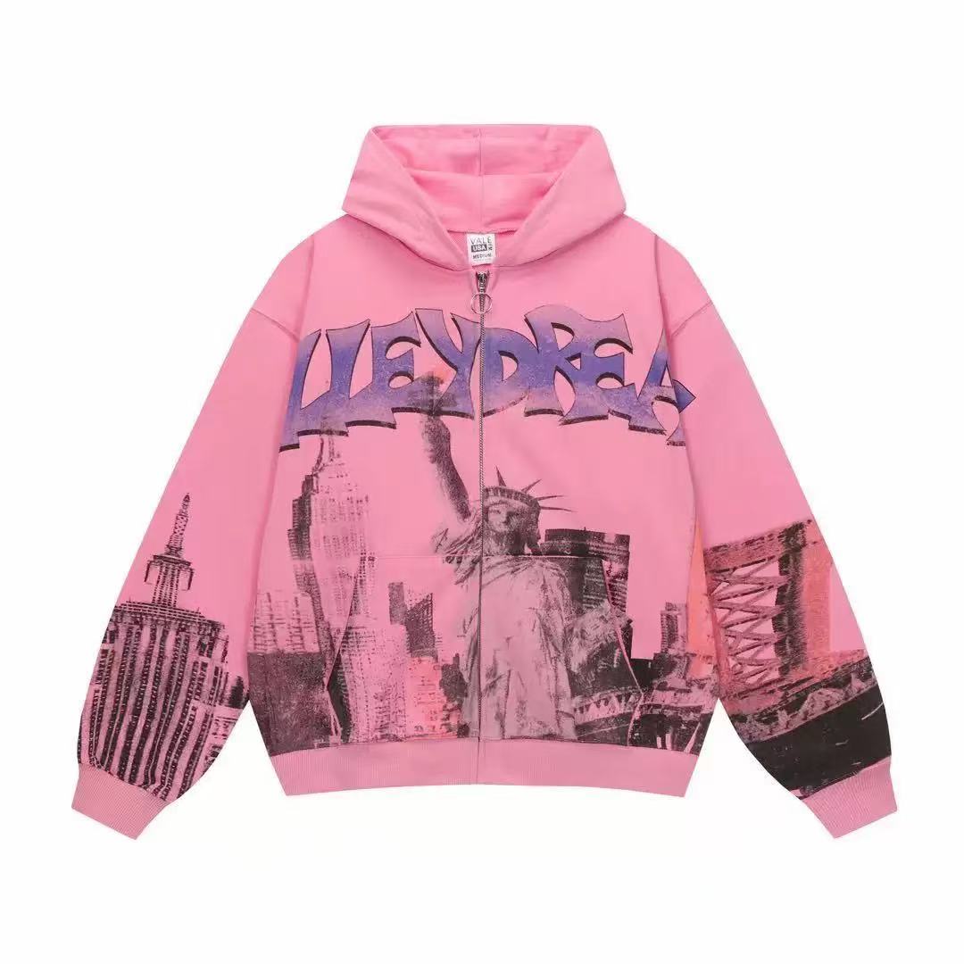 Valley Dreams Statue Of Liberty Cityscape Pink Cropped Zip Hoodie