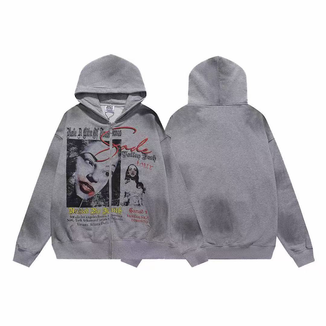 Vale Sade Vintage Tour Poster Graphic Zip Up Hoodie Heather Grey