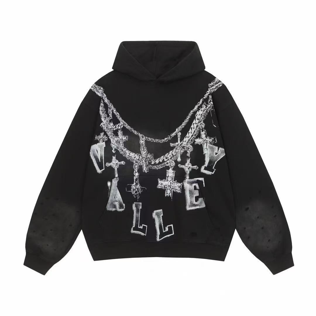 Valley Cross Chain Vintage Washed Oversized Hoodie Black