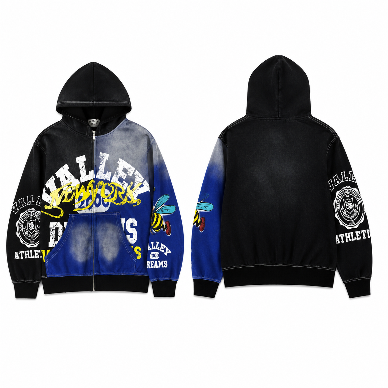 Valley Dreams Split Color Bee Graphic Zip Hoodie