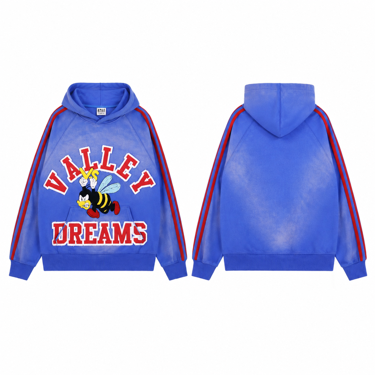Valley Dreams Cartoon Bee Red Stripe Vintage Blue Hoodie