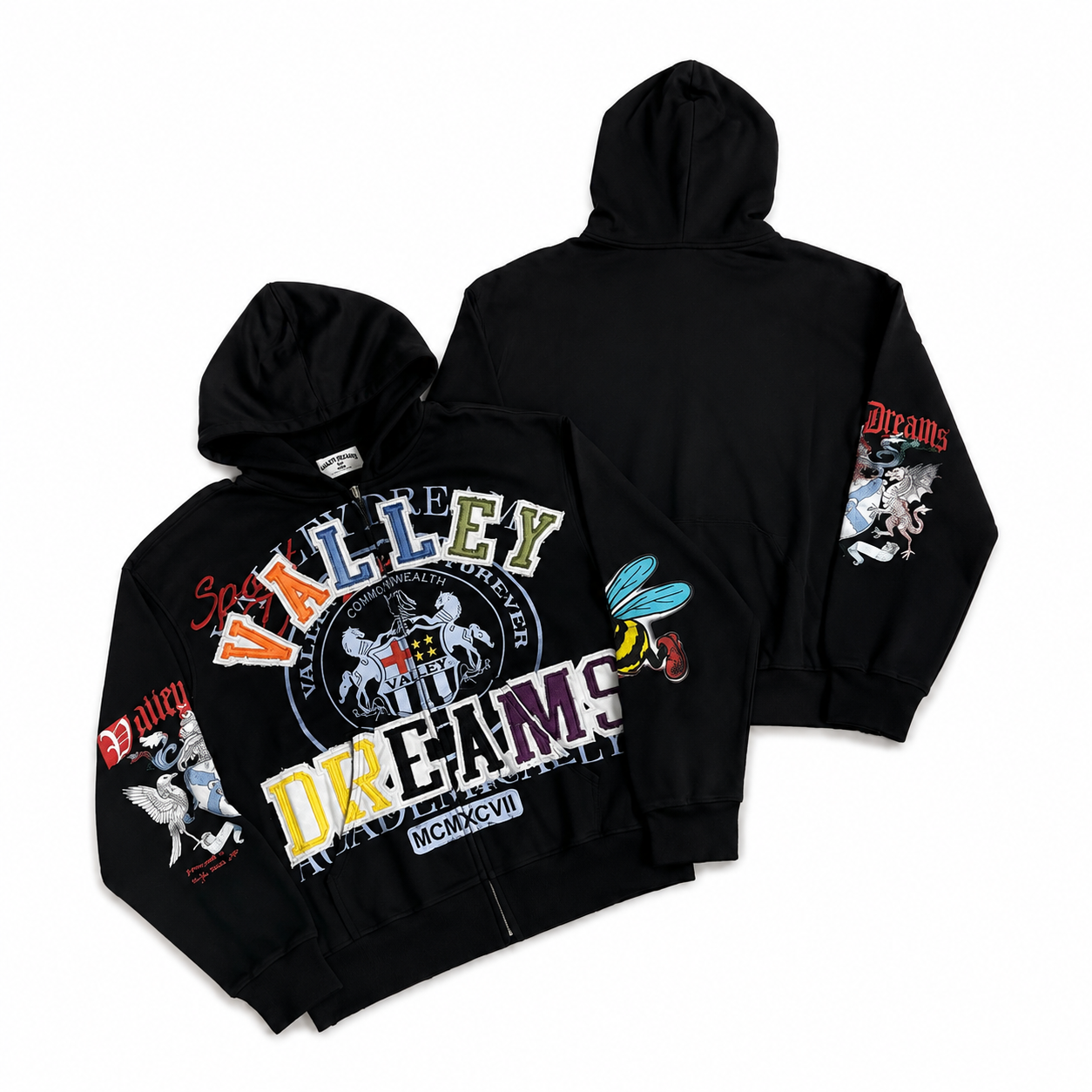 Valley Dreams Multicolor Chenille Patch Crest Bee Full Zip Hoodie