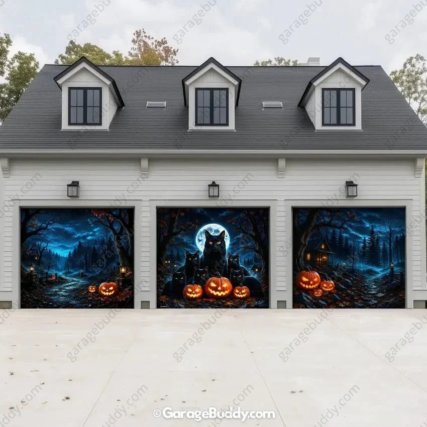 Witching Whiskers (Glow)| Black Cat Halloween Garage Door Cover