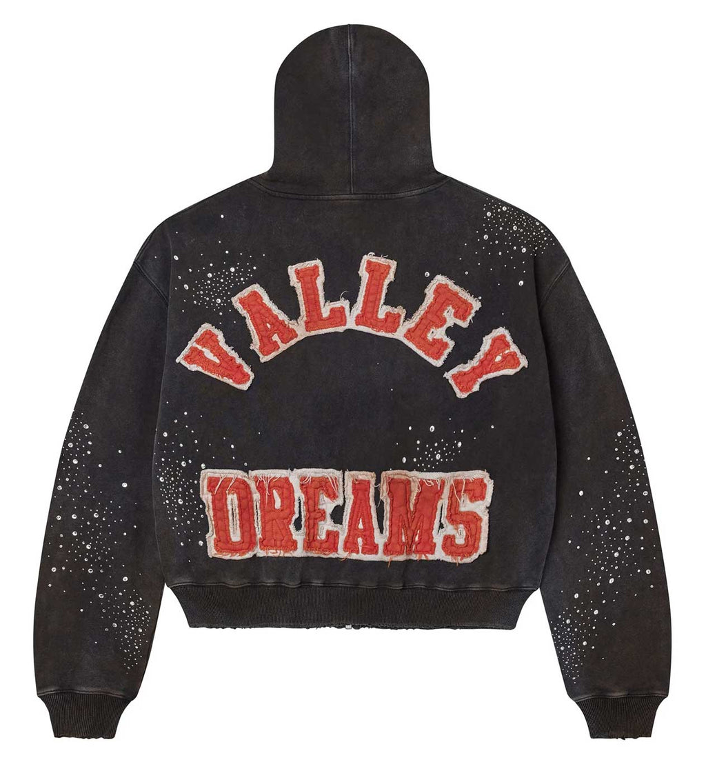 Valley Dreams Vintage Black Splash Speckle Crest Cropped Zip Hoodie