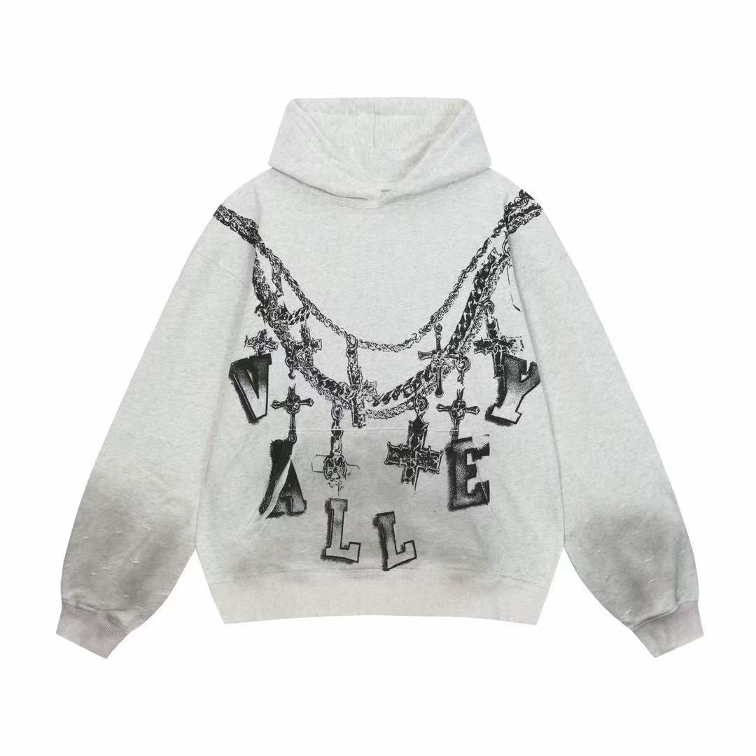 Valley Gothic Cross Chain Vintage Washed Grey Oversized Hoodie