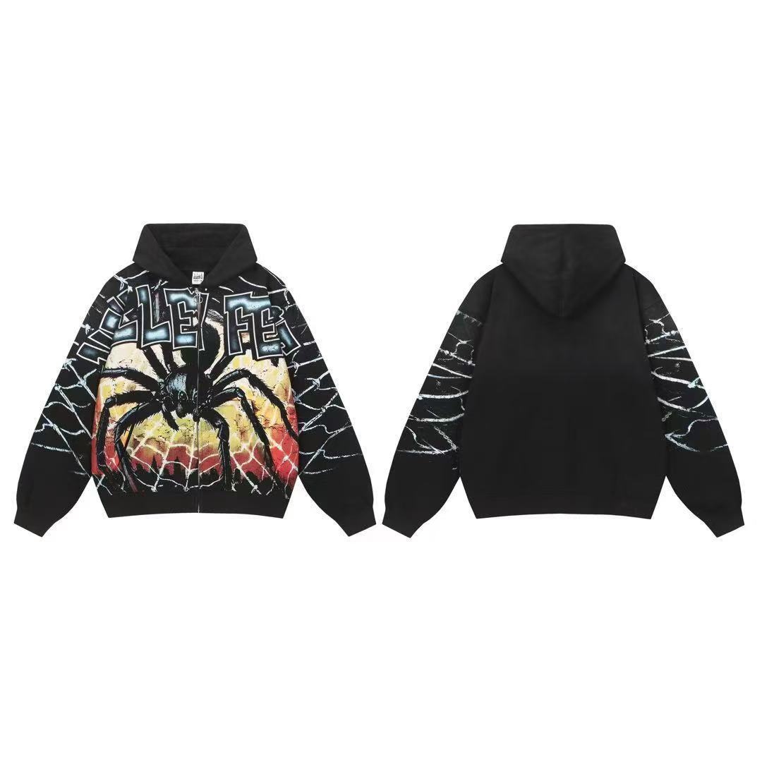 Valley Dreams Spider Web Graphic Zip Up Hoodie