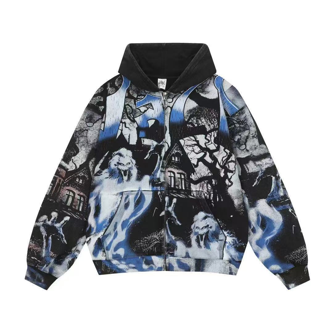 Vale Haunted House Ghost All Over Print Zip Up Hoodie Black Blue